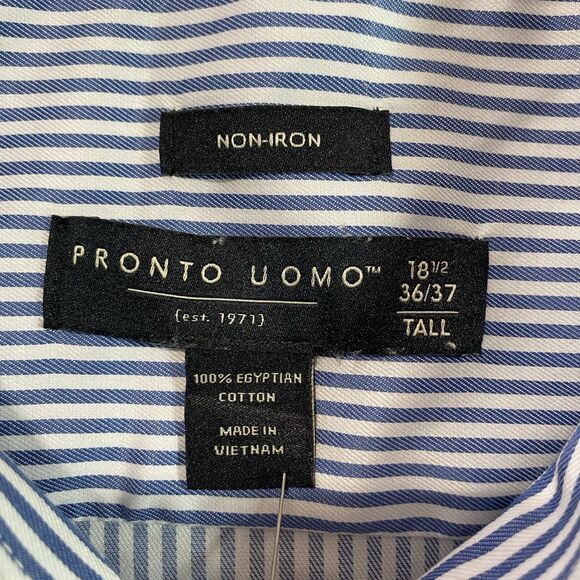PRONTO UOMO Button Front Shirt Striped Long Sleeve Mens 18.5 36 Tall Blue White - Picture 4 of 9